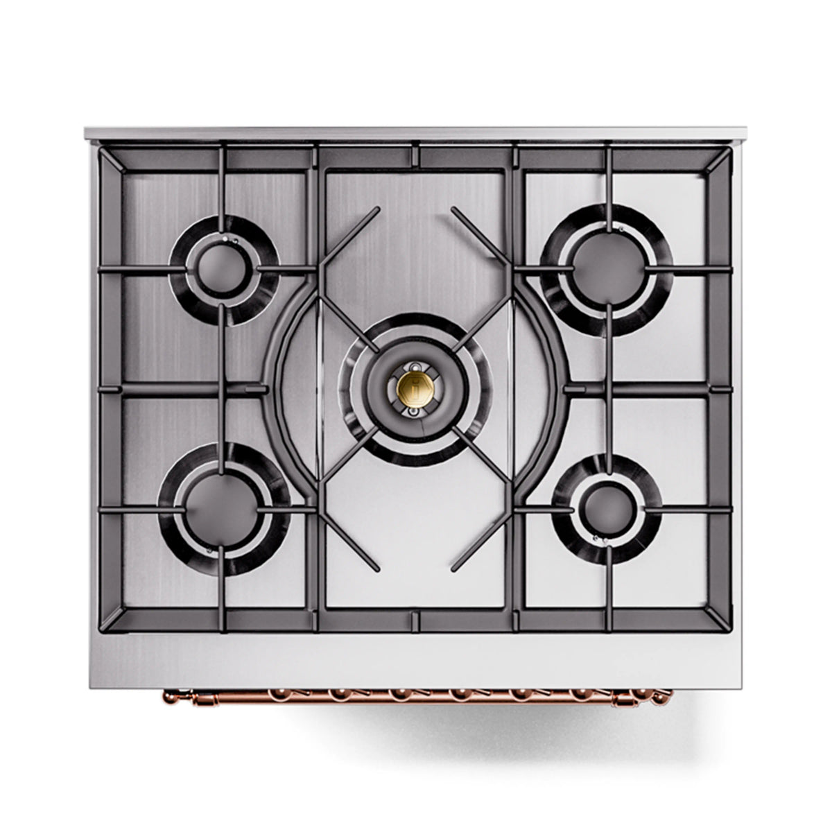 Stainless gas cooktop with four burner grates and central burner ring