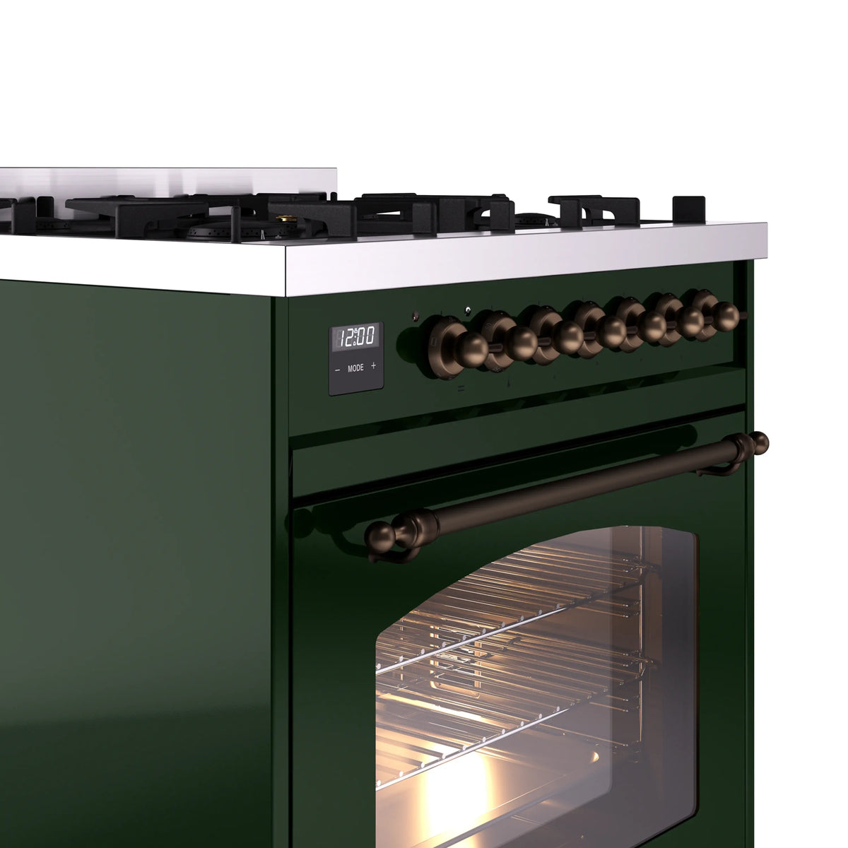 Emerald green freestanding range front close-up with bronze knobs and oven window