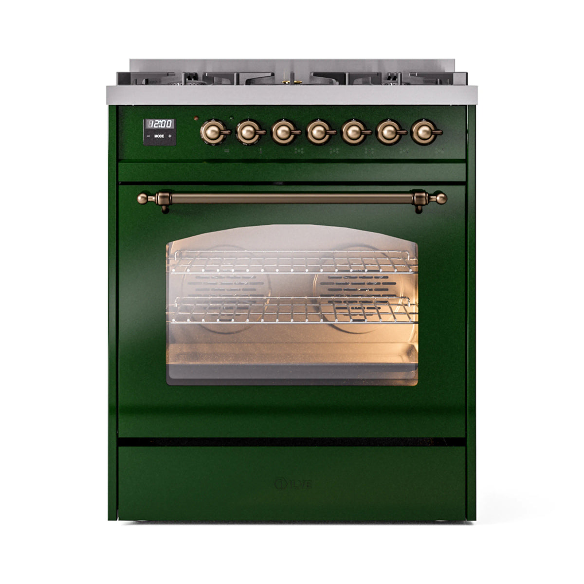 Emerald green dual fuel freestanding range with bronze-trim oven controls and window