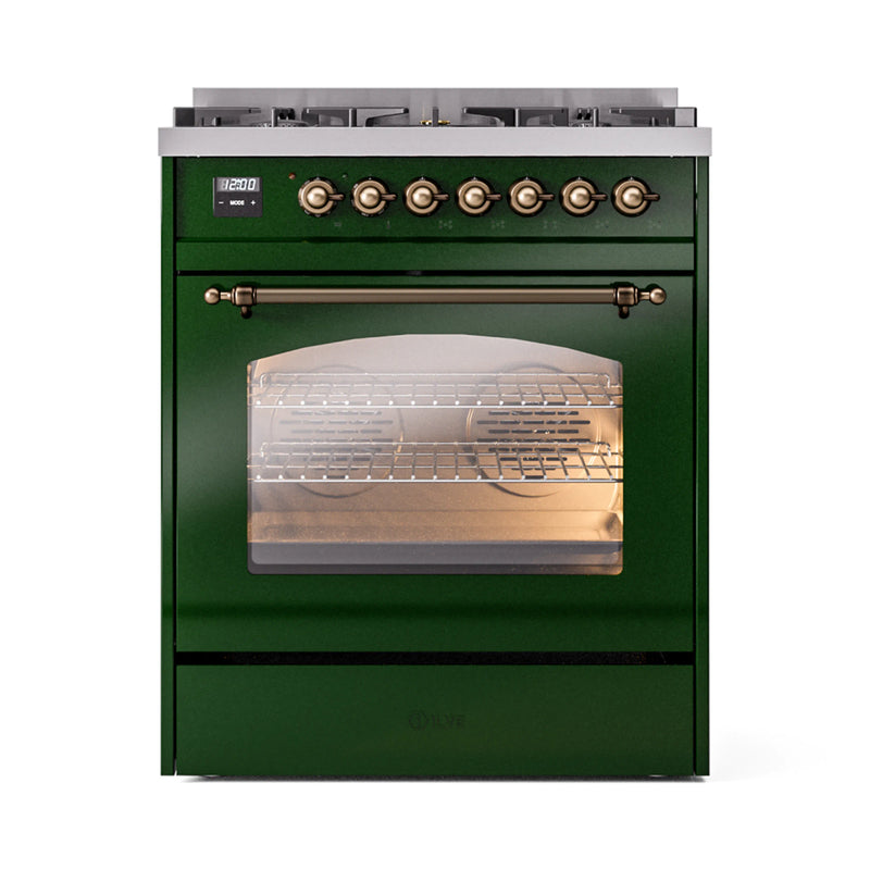 ILVE Nostalgie II 30-Inch Dual Fuel Freestanding Range in Emerald Green with Bronze Trim (UP30NMPEGB)