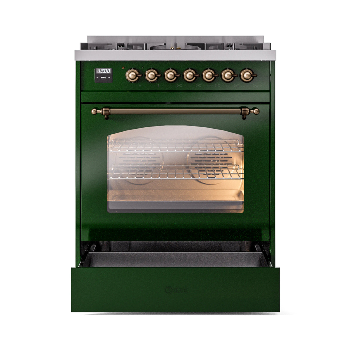 Emerald green freestanding range with bronze controls and oven door opened from bottom