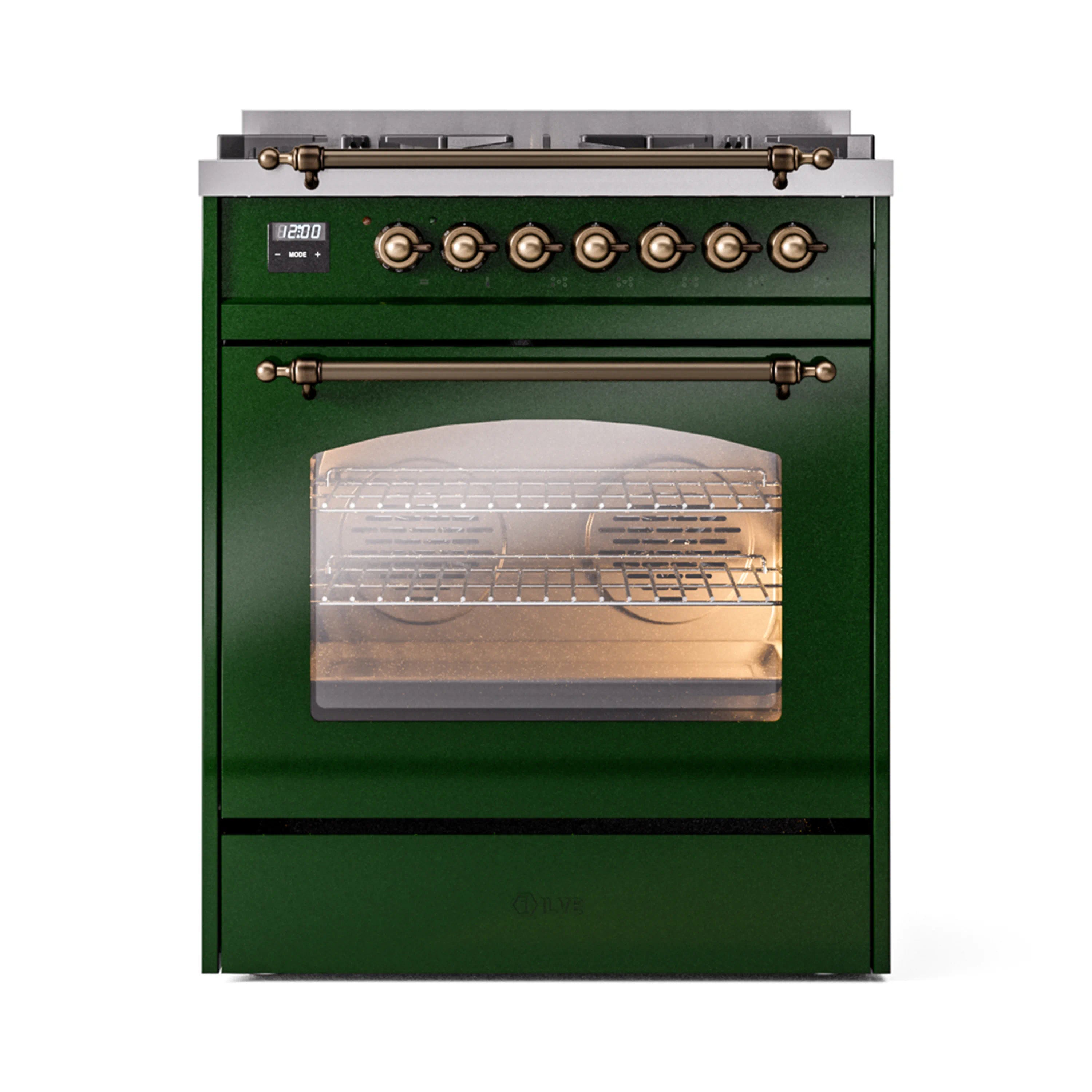 Emerald green dual fuel freestanding range with bronze knobs and front oven window