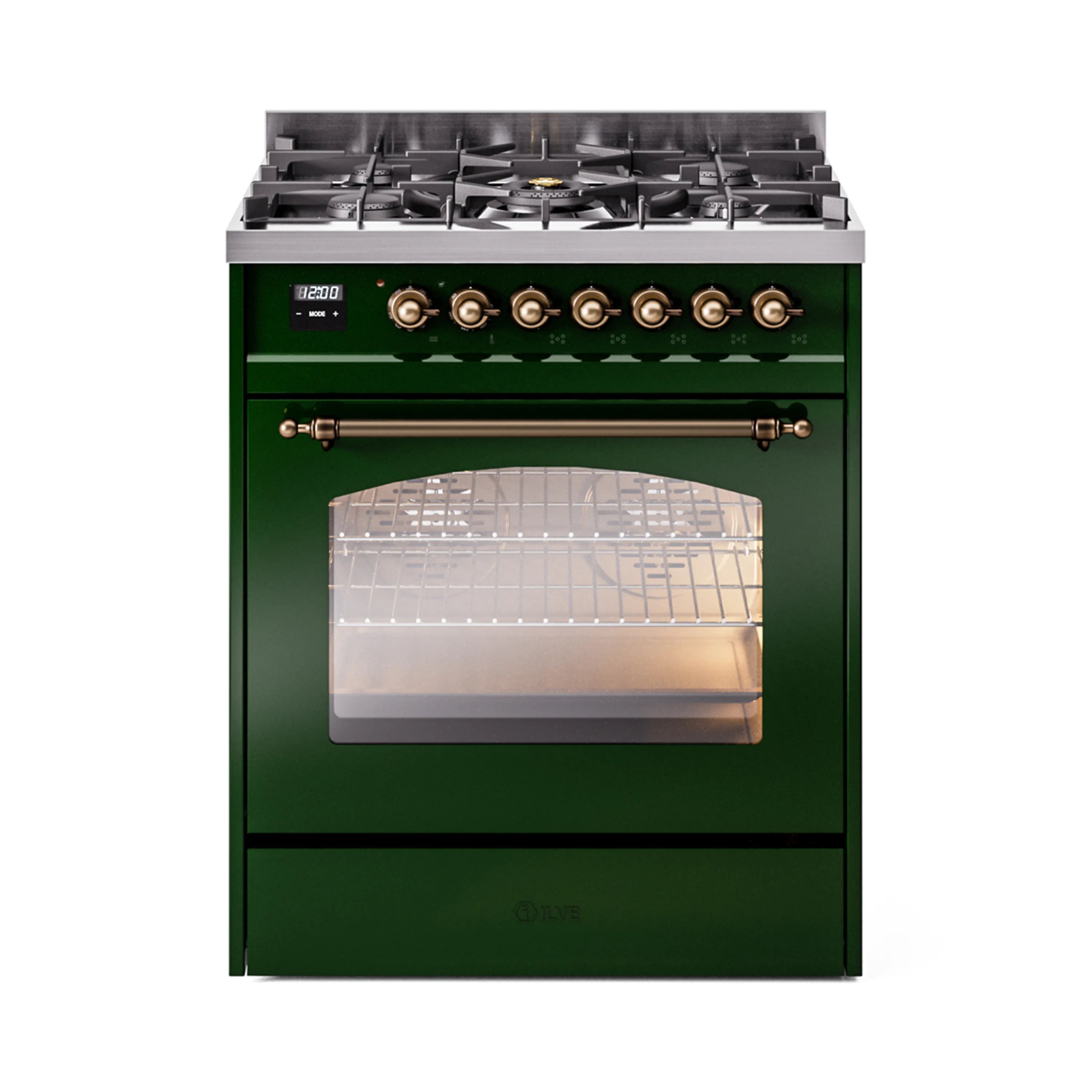 Emerald green dual fuel freestanding range with front burners and bronze control details