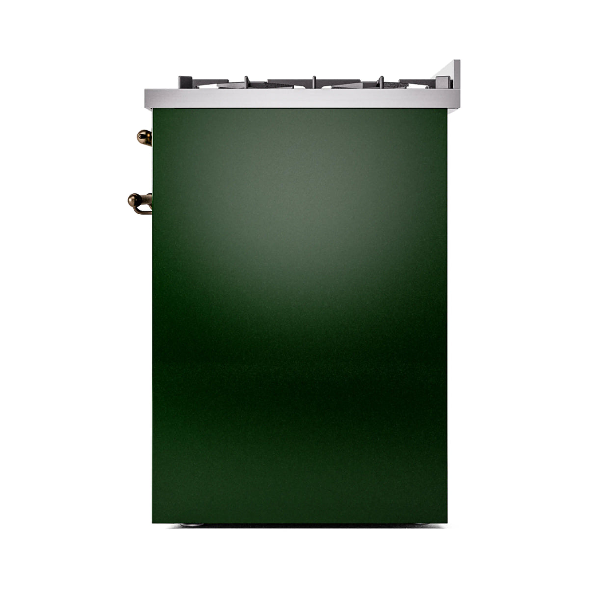 Emerald green range side panel with bronze handle accents and stainless top trim