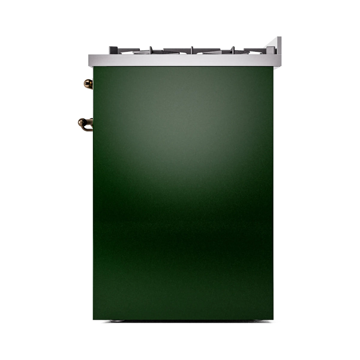 Emerald green freestanding dual fuel range side panel with bronze hardware