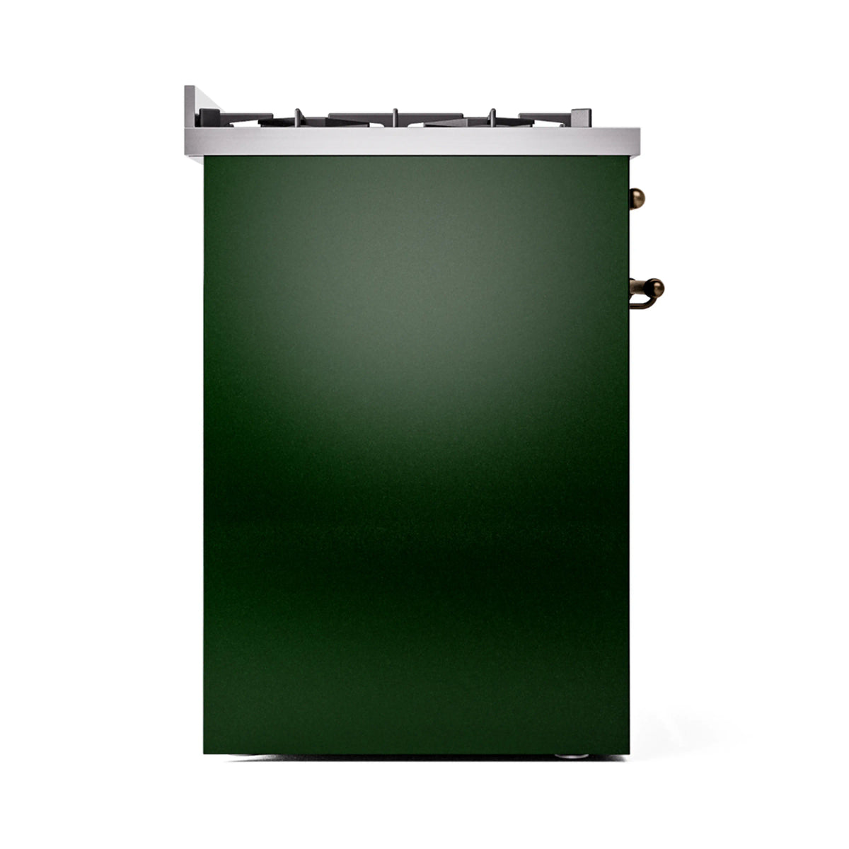 Emerald green range rear-side view with stainless top and bronze control handle