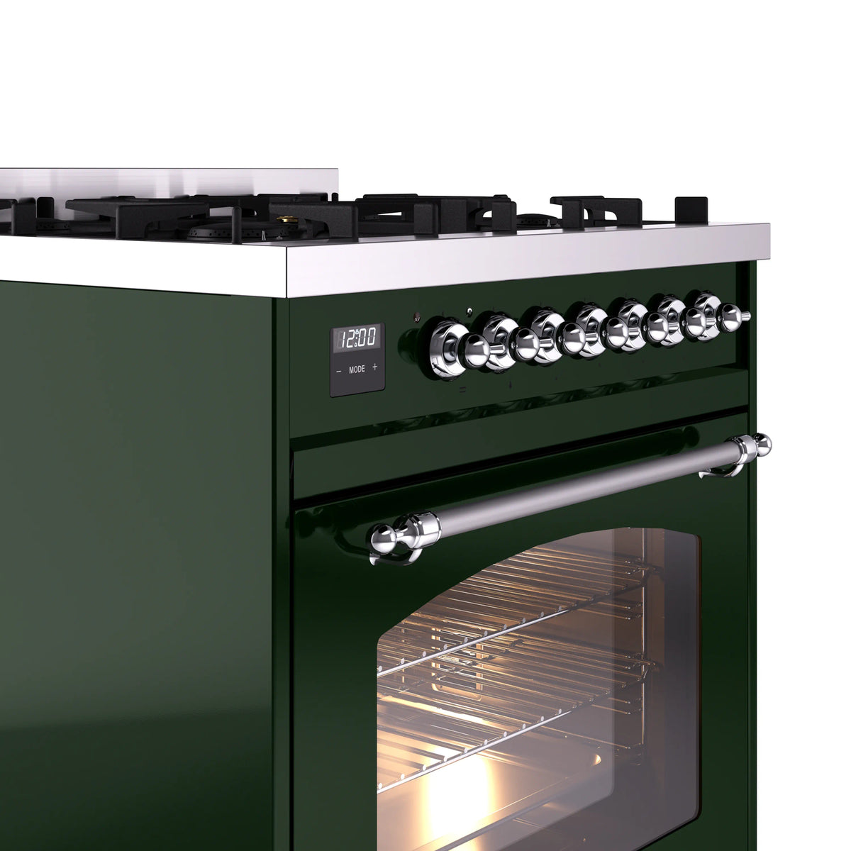 Emerald green freestanding range side view with chrome oven handle and control knobs