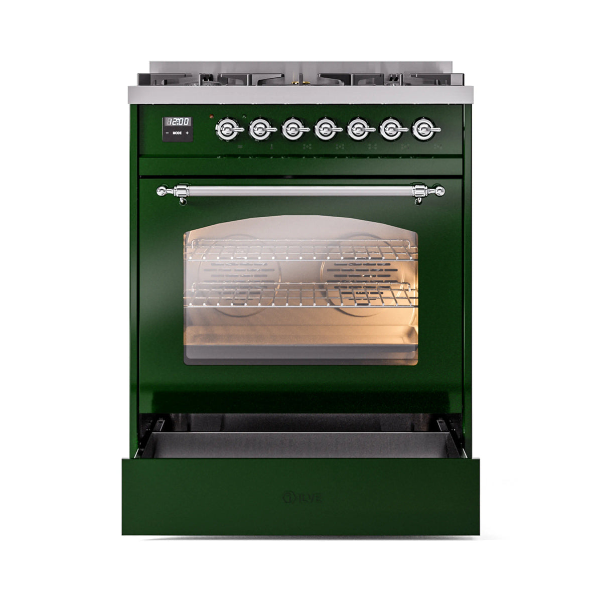 Emerald green dual fuel range with open oven door and chrome burner control hardware