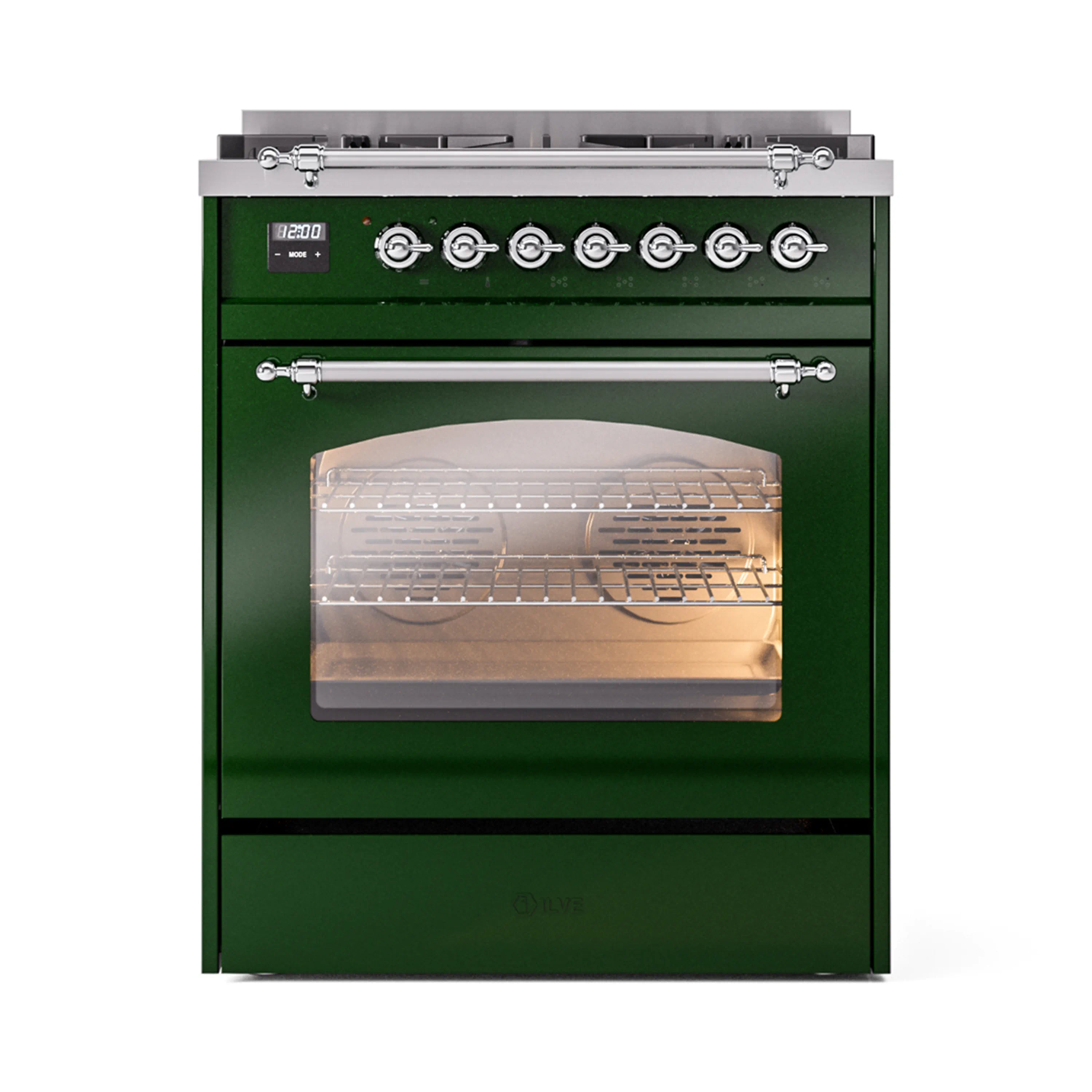 Emerald green freestanding dual-fuel range with chrome-trim control knobs and closed oven door