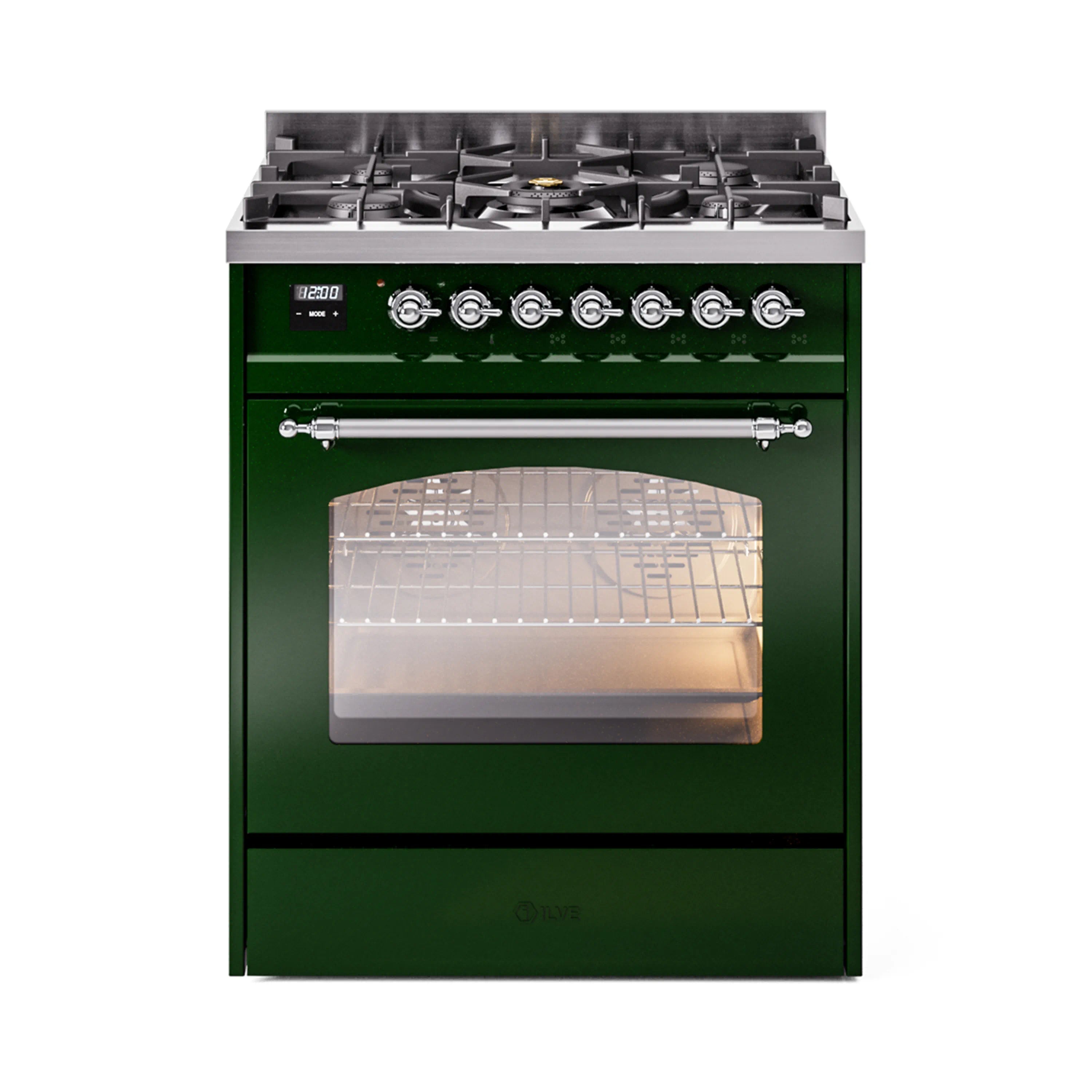 Emerald green freestanding range with chrome control knobs and oven window; stovetop burners