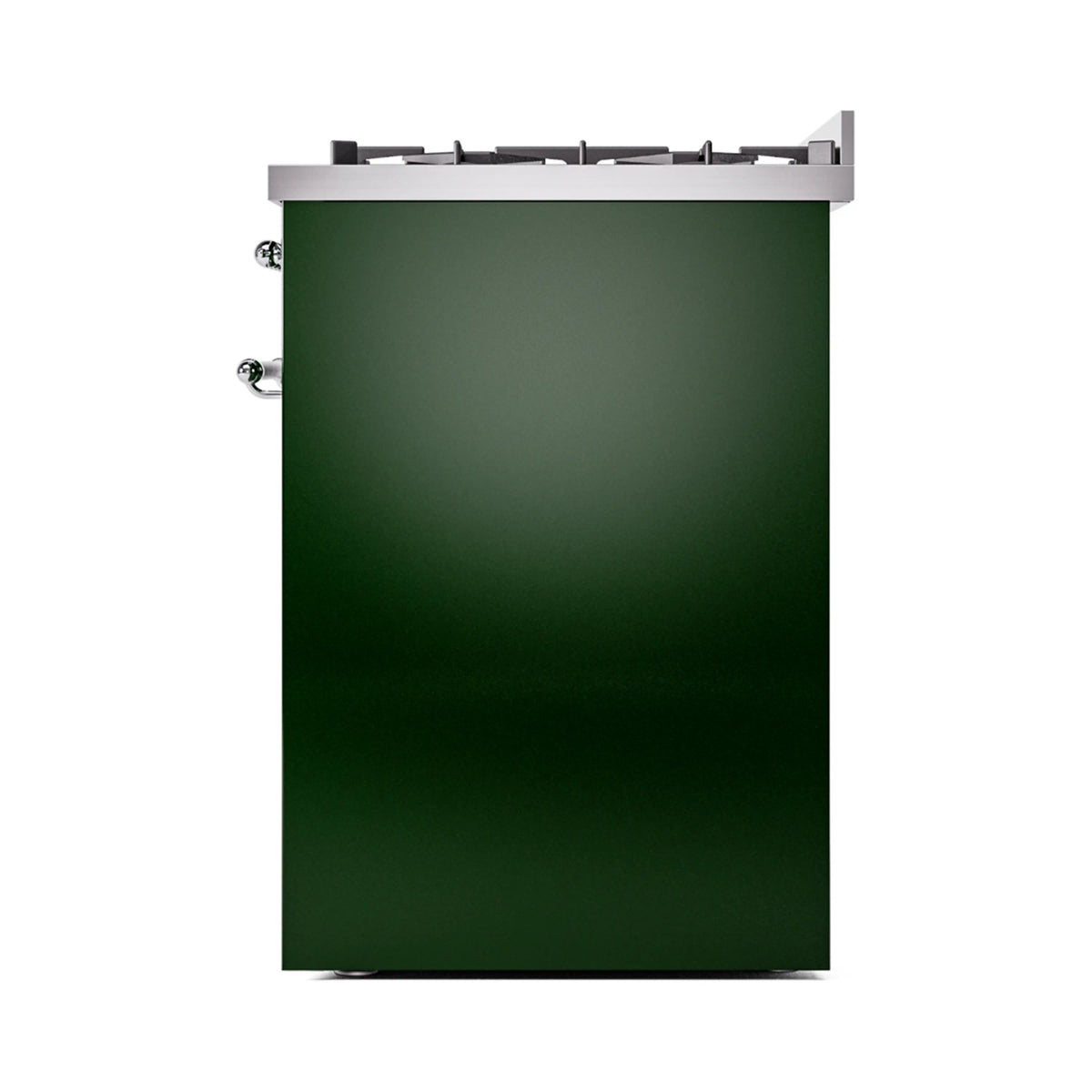 Emerald green freestanding range back panel with stovetop and chrome corner knobs