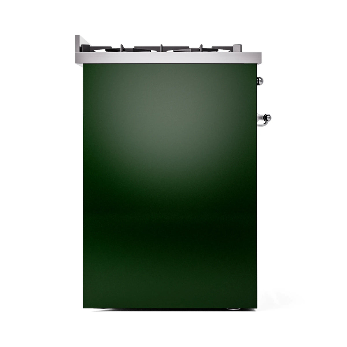 Emerald green freestanding range back view with stovetop trim and chrome side knobs