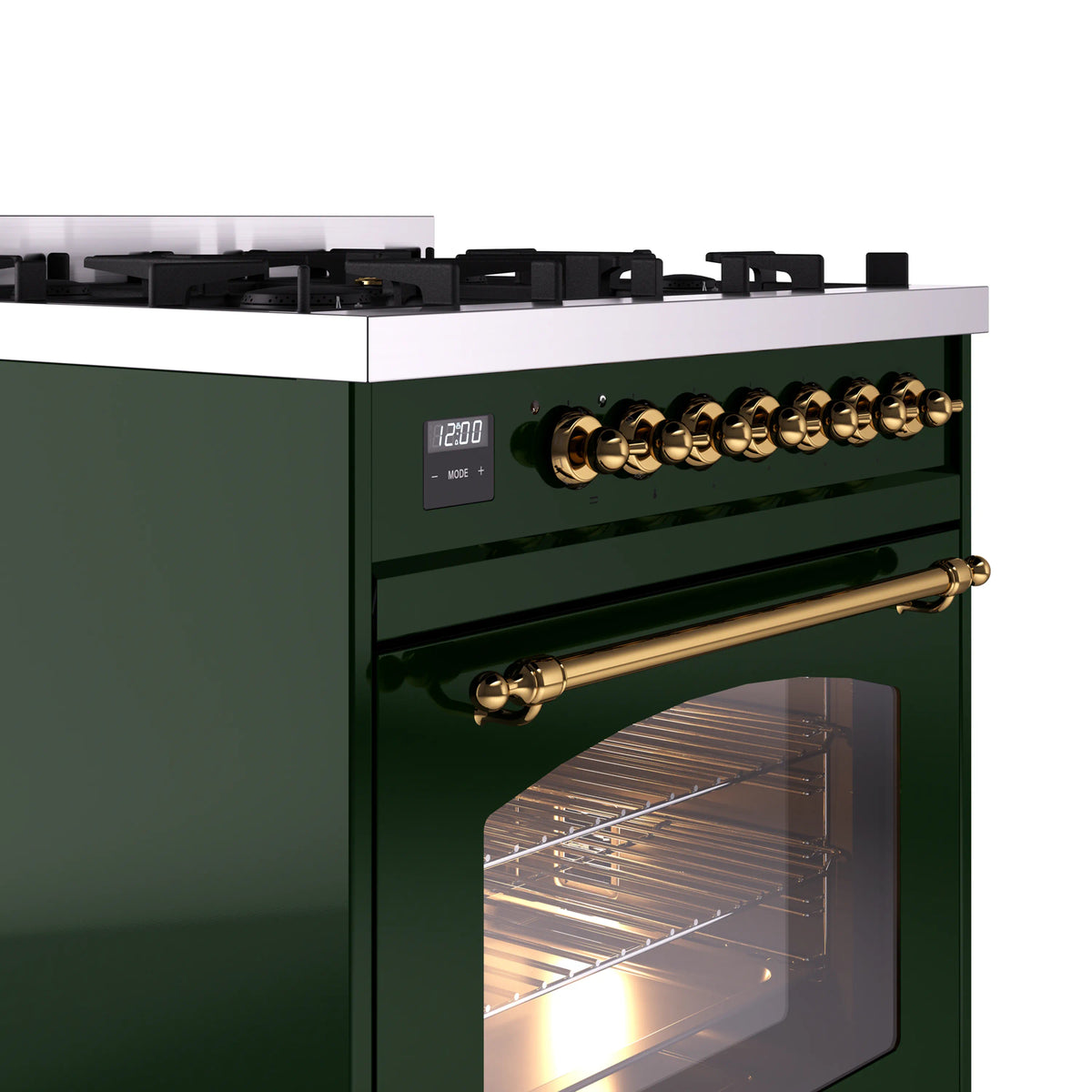 Emerald green range with brass control knobs, display screen, and open oven door