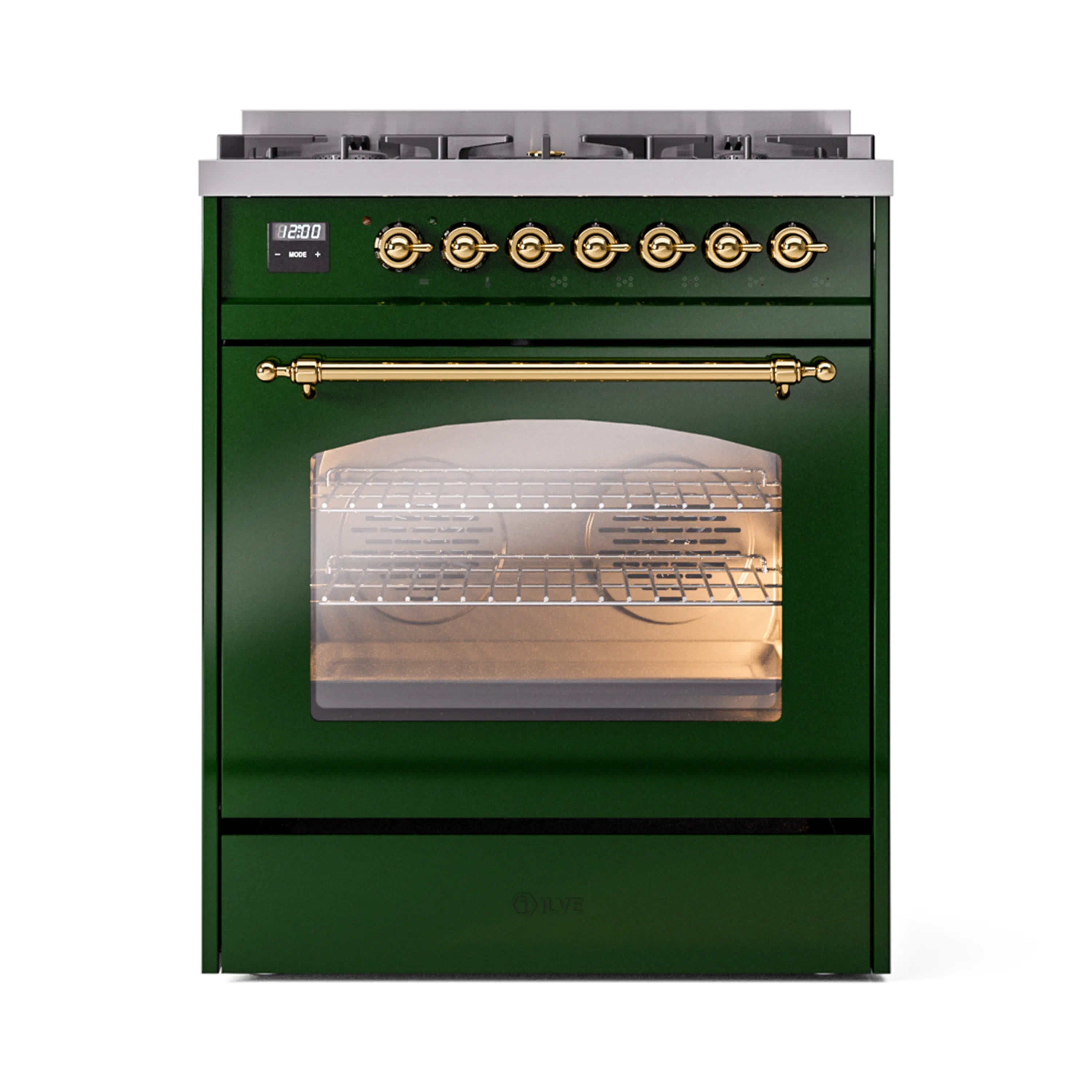 Emerald green freestanding dual fuel range with brass knobs and lit glass oven window
