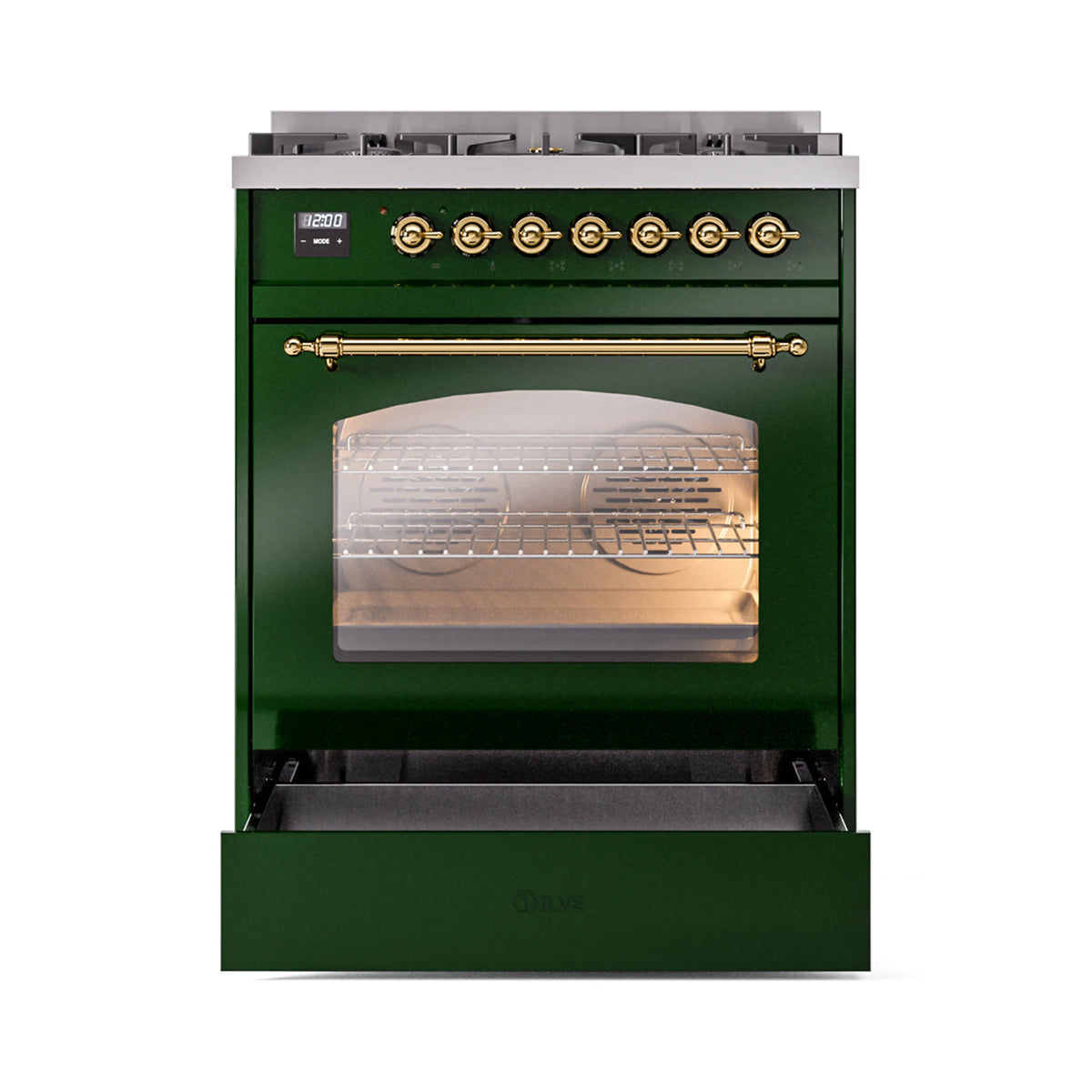 Emerald green freestanding range with brass oven handle and open oven door
