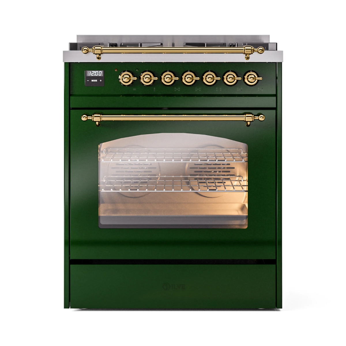 Emerald green dual-fuel range with brass trim, oven window and front control knobs