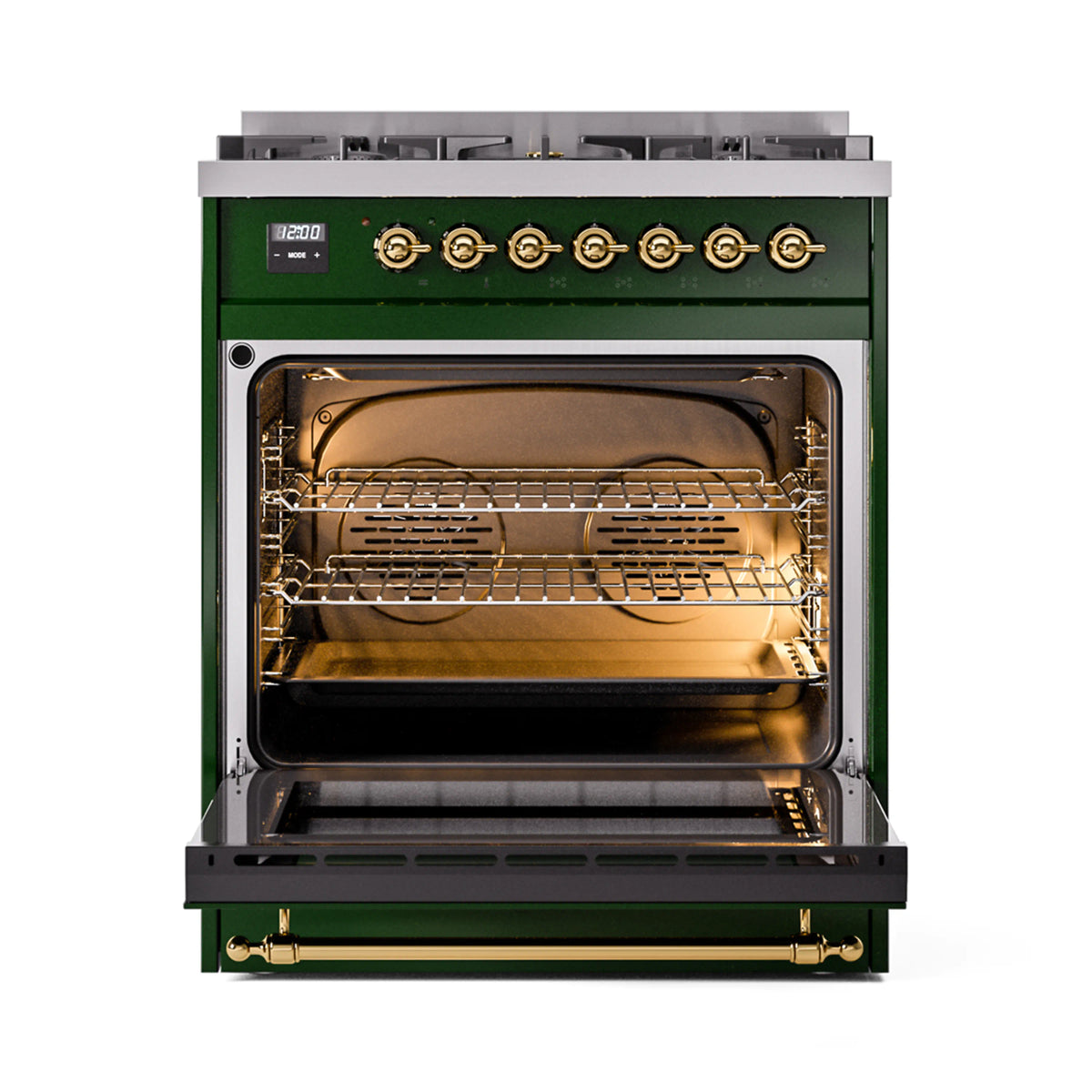 Emerald green oven cavity with racks and lit interior through open door