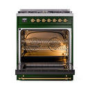 ILVE Nostalgie II 30-Inch Freestanding Natural Gas Dual Fuel Range in Emerald Green with Brass Trim (UP30NMPEGG)