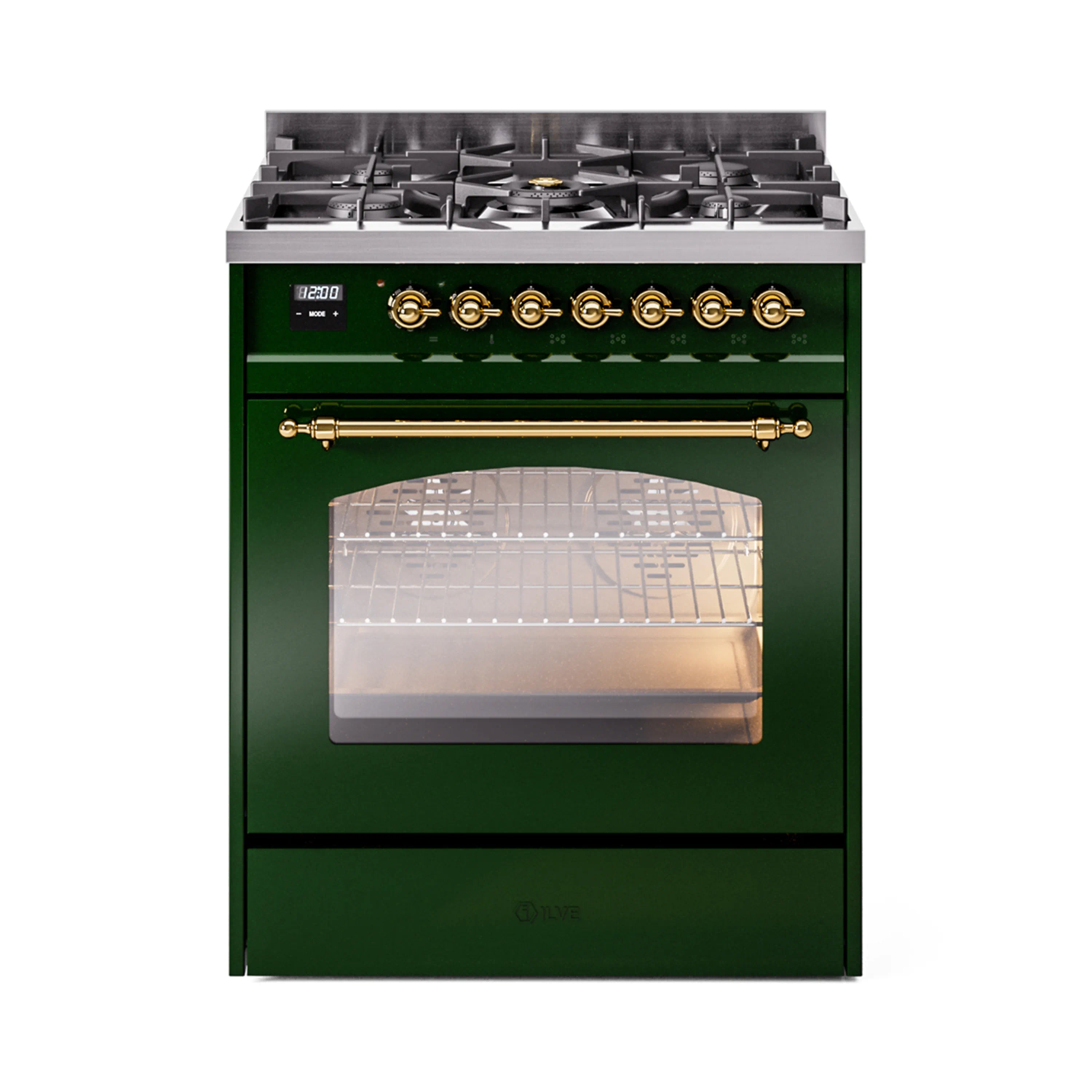 Emerald green freestanding dual fuel range with brass control knobs and gas burners