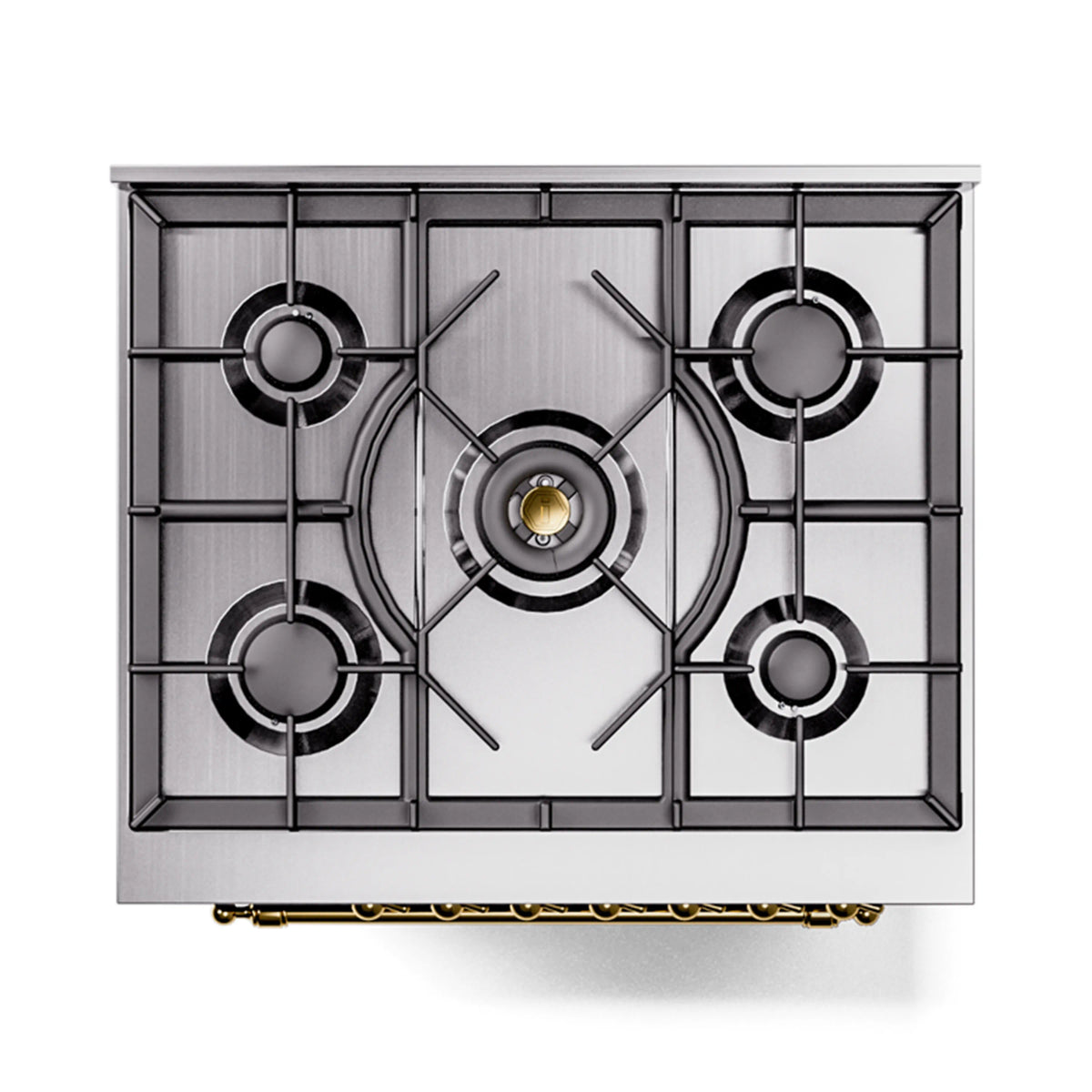 Stainless steel gas cooktop with four burners and black burner control knobs