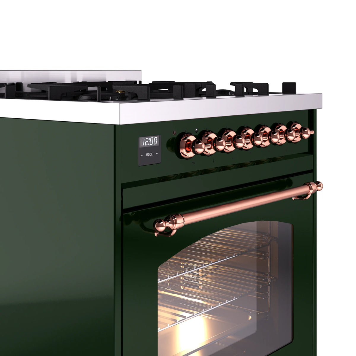 Emerald green dual-fuel range close-up: copper knobs, control panel, and oven window.