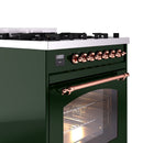 ILVE Nostalgie II 30-Inch Freestanding Natural Gas Dual Fuel Range in Emerald Green with Copper Trim (UP30NMPEGP)