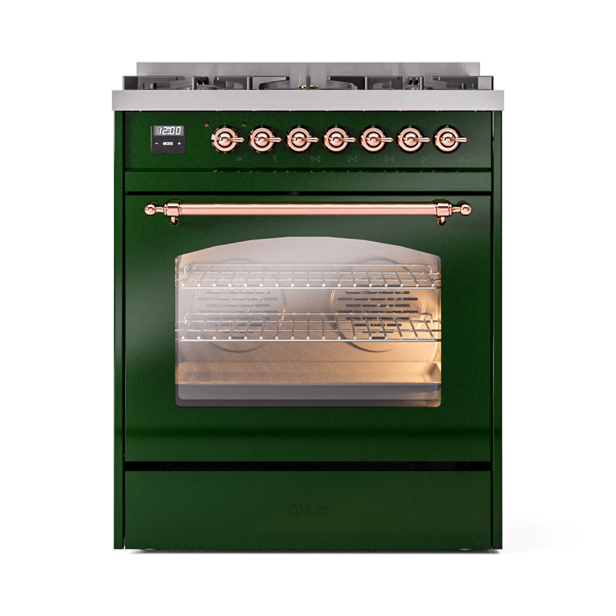 Emerald green dual fuel freestanding range with copper handles and oven door window