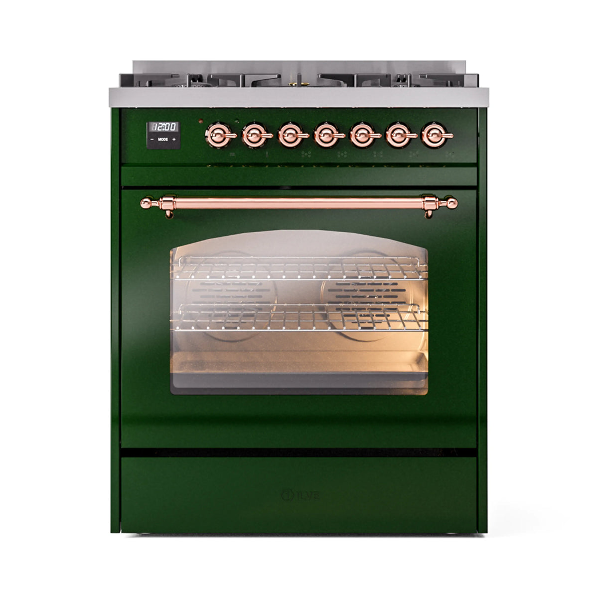 Emerald green dual-fuel freestanding range with copper knobs and lit oven window.