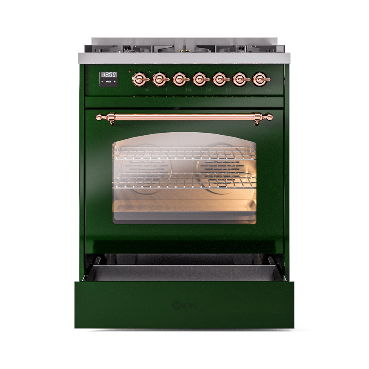 Emerald green dual fuel range with oven door open and interior light on