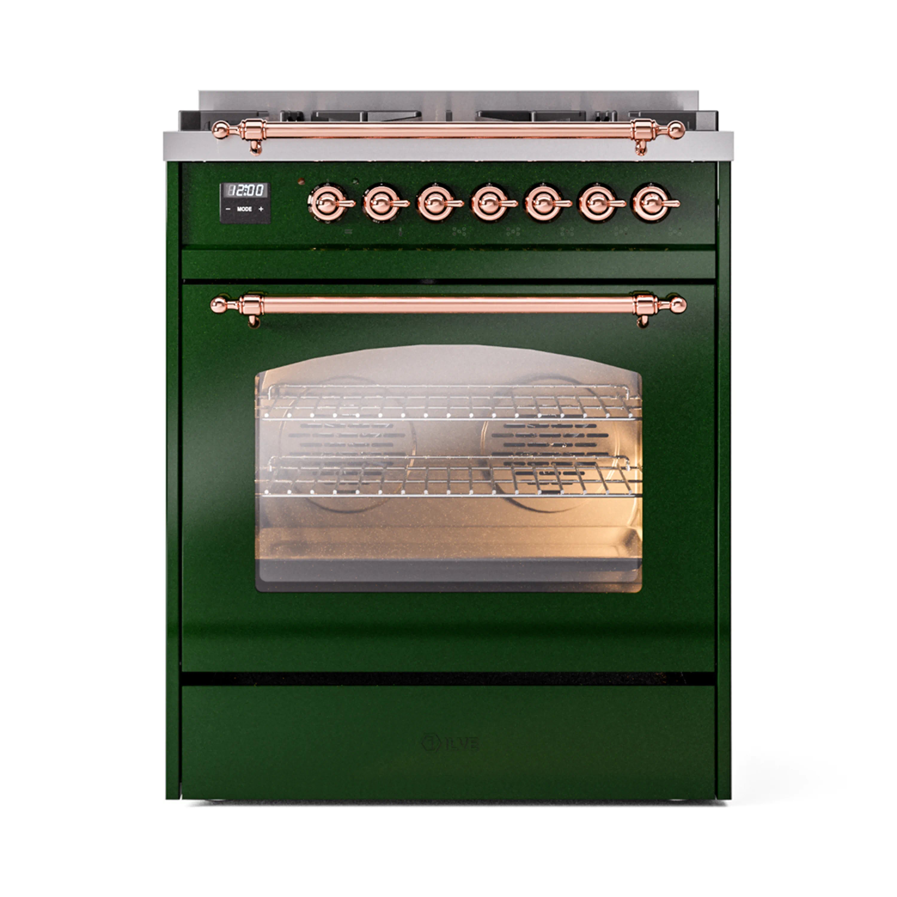 Emerald green dual fuel freestanding range with copper trim and open oven door