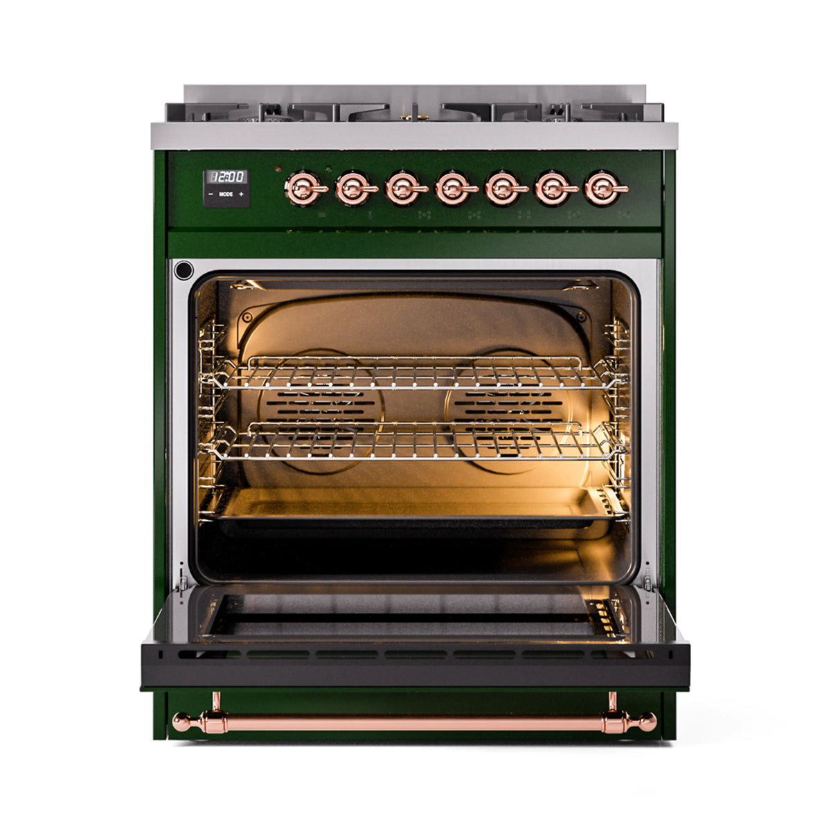 Emerald green dual fuel range with fully open oven cavity, racks, and broil elements