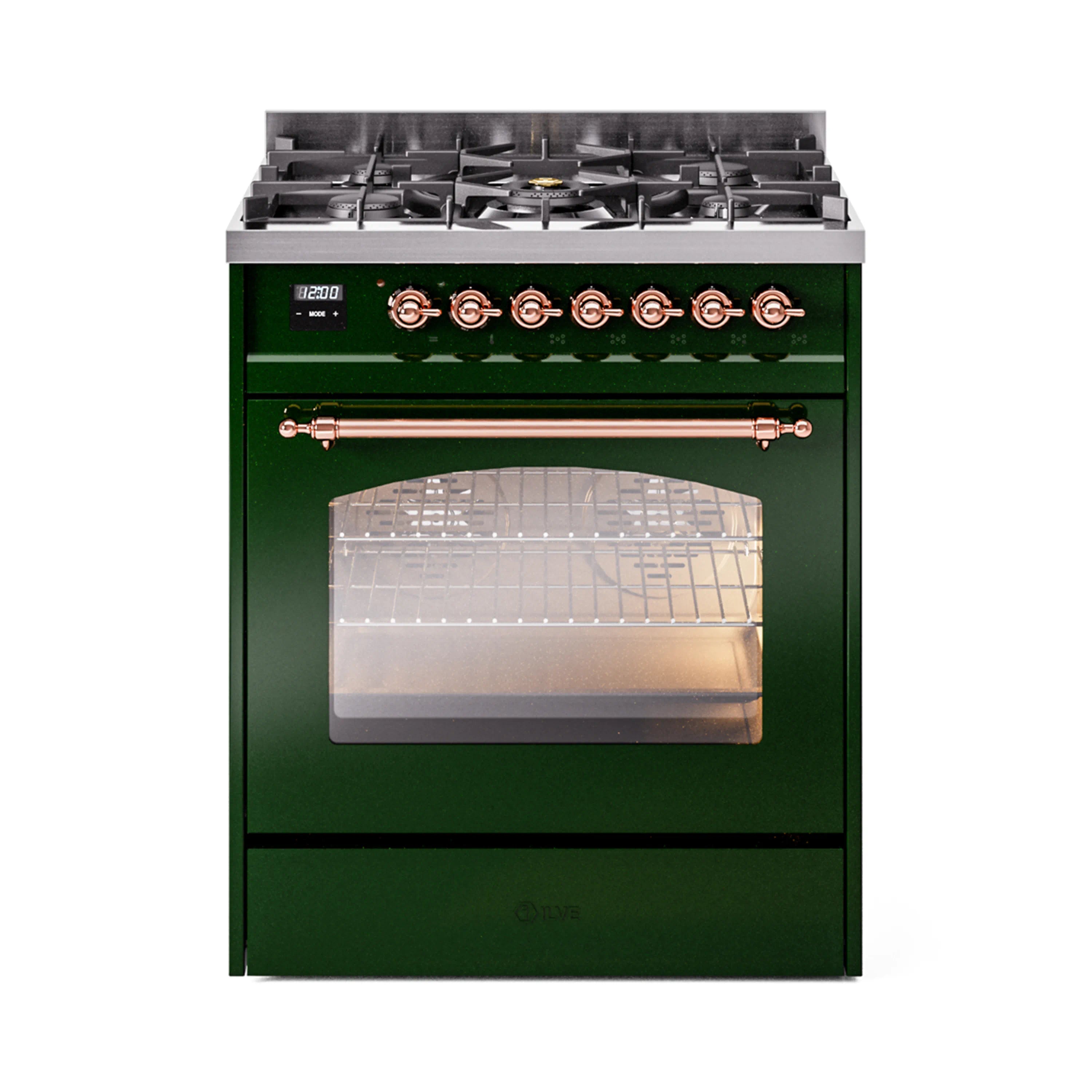Emerald green freestanding dual fuel range with copper trim, burners, and closed oven window