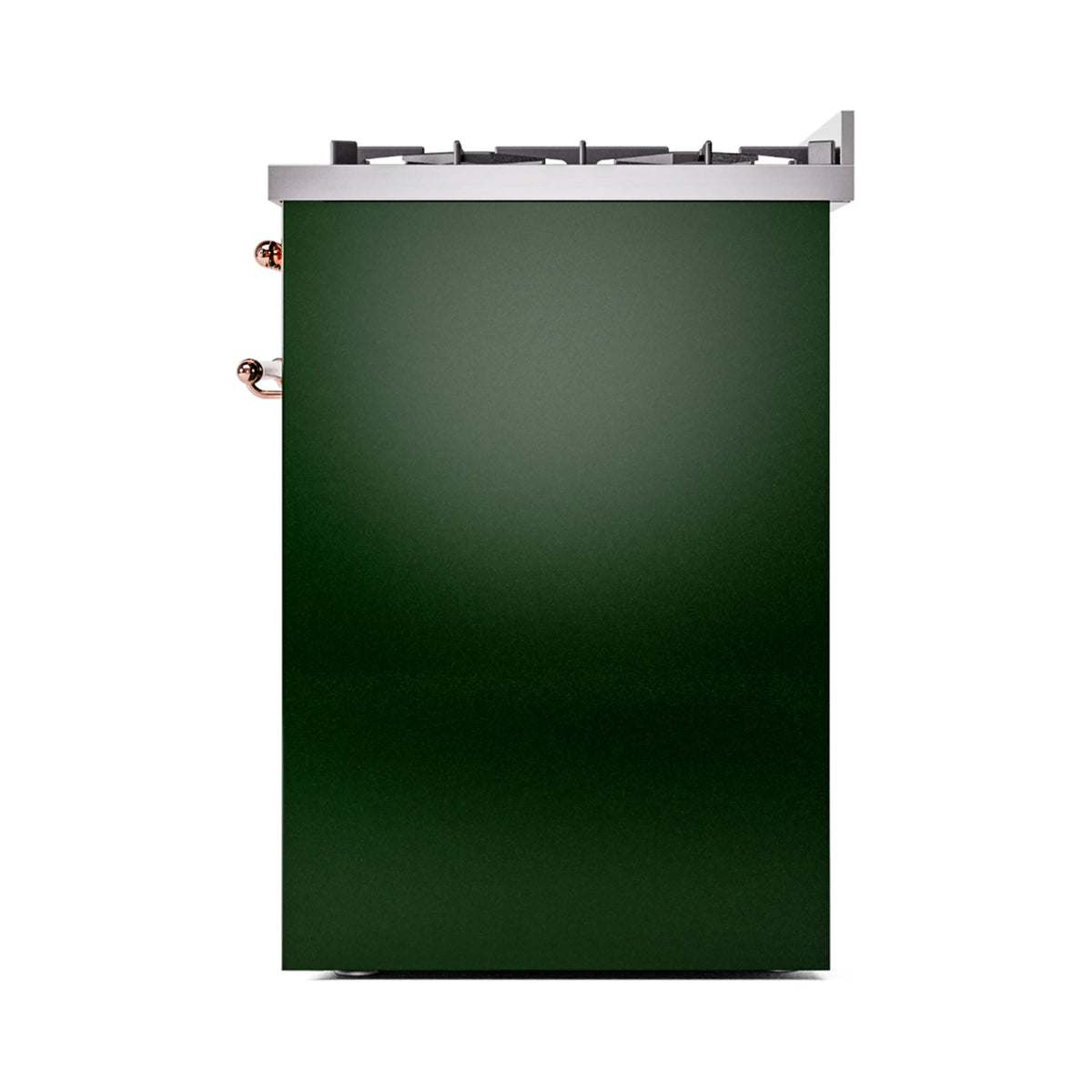 Emerald green freestanding dual fuel range side panel with copper corner knobs