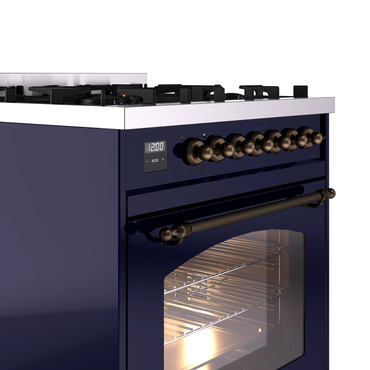 Midnight blue control panel with bronze knobs and oven door window