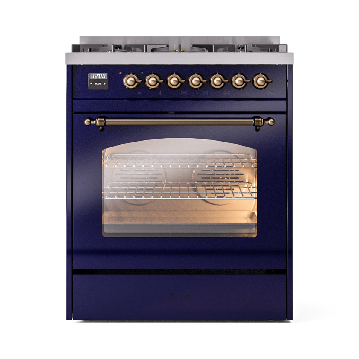 Midnight blue freestanding range with bronze knobs and open oven door