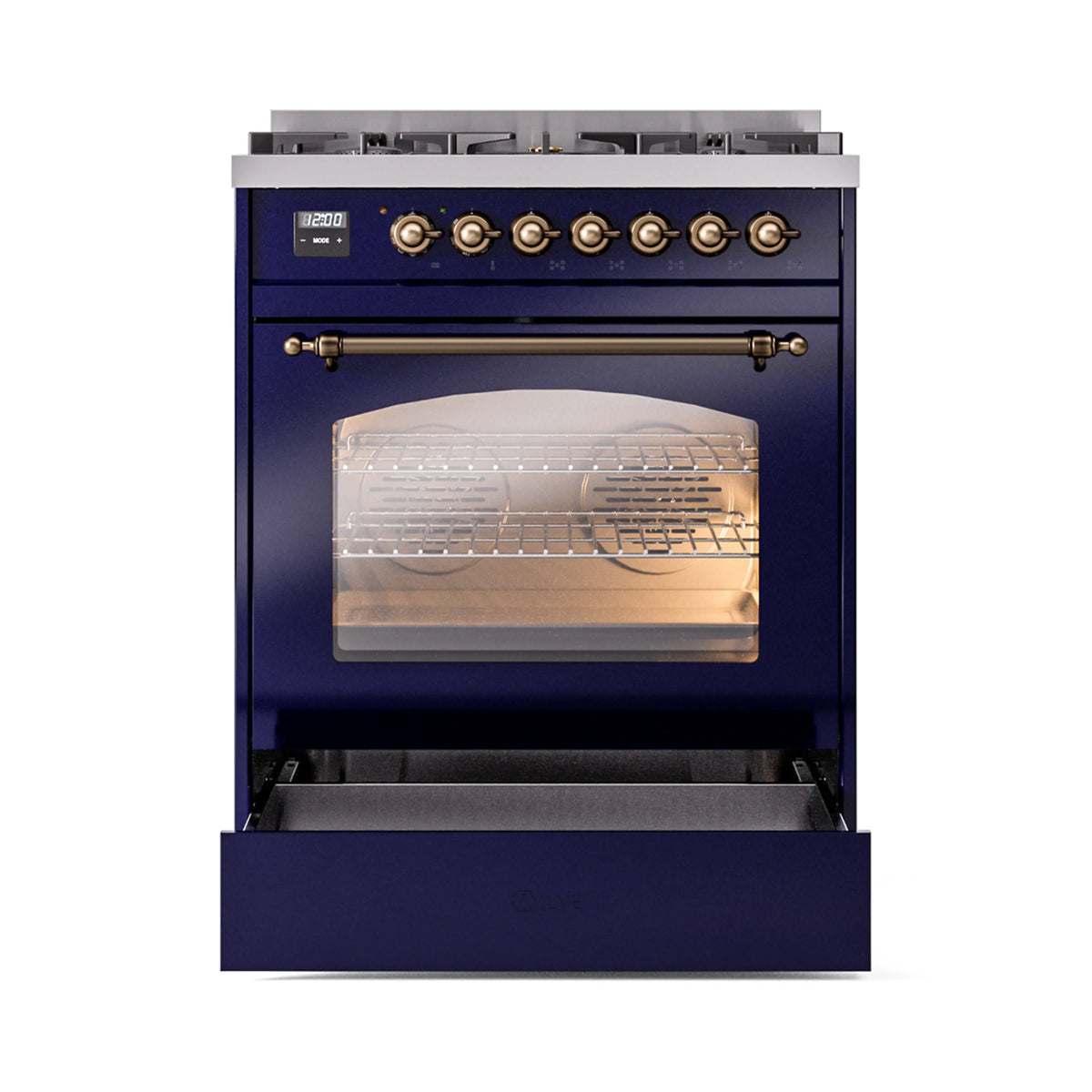 Midnight blue freestanding dual fuel range with bronze knobs and windowed oven door