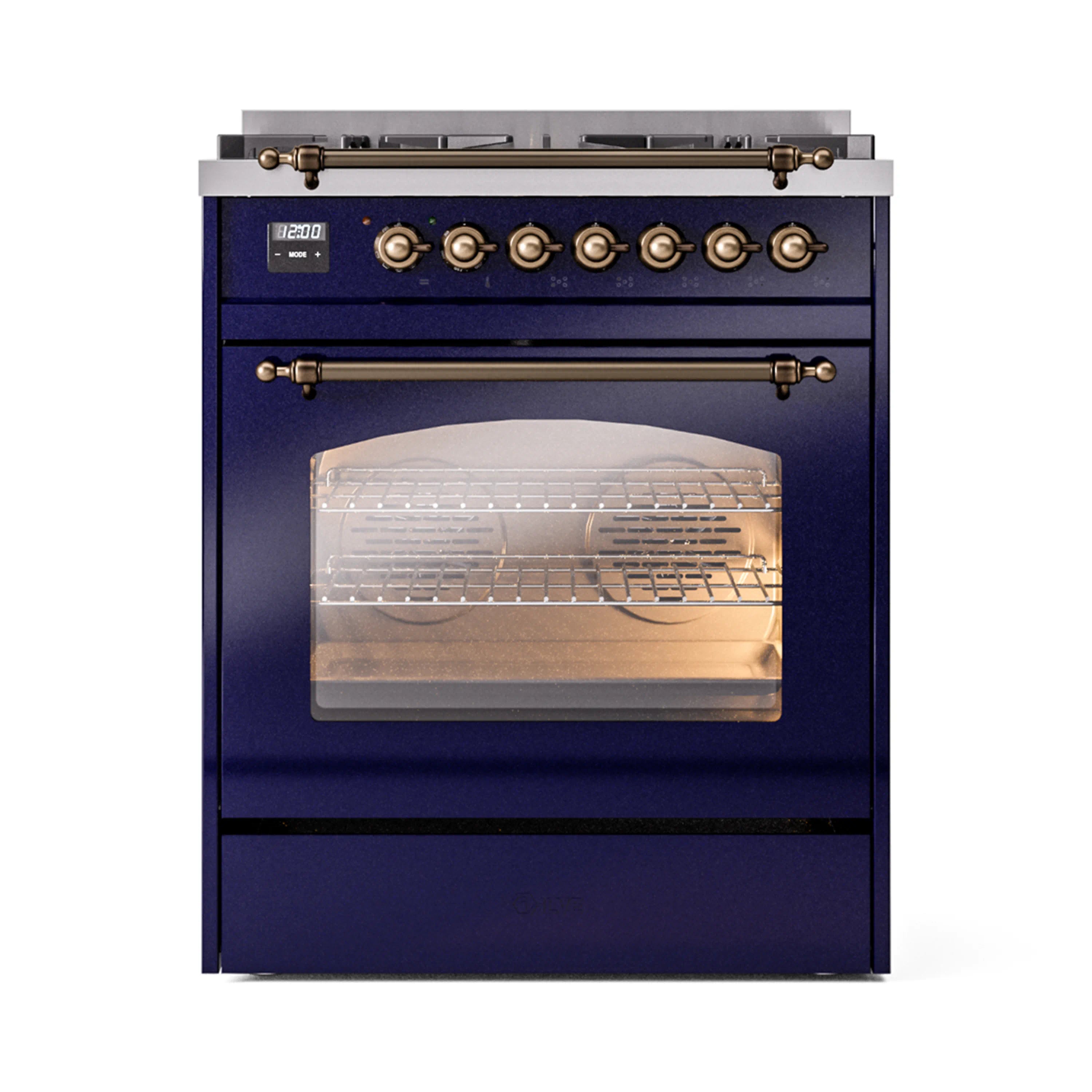 Midnight blue freestanding dual fuel range with bronze control knobs and lit oven window