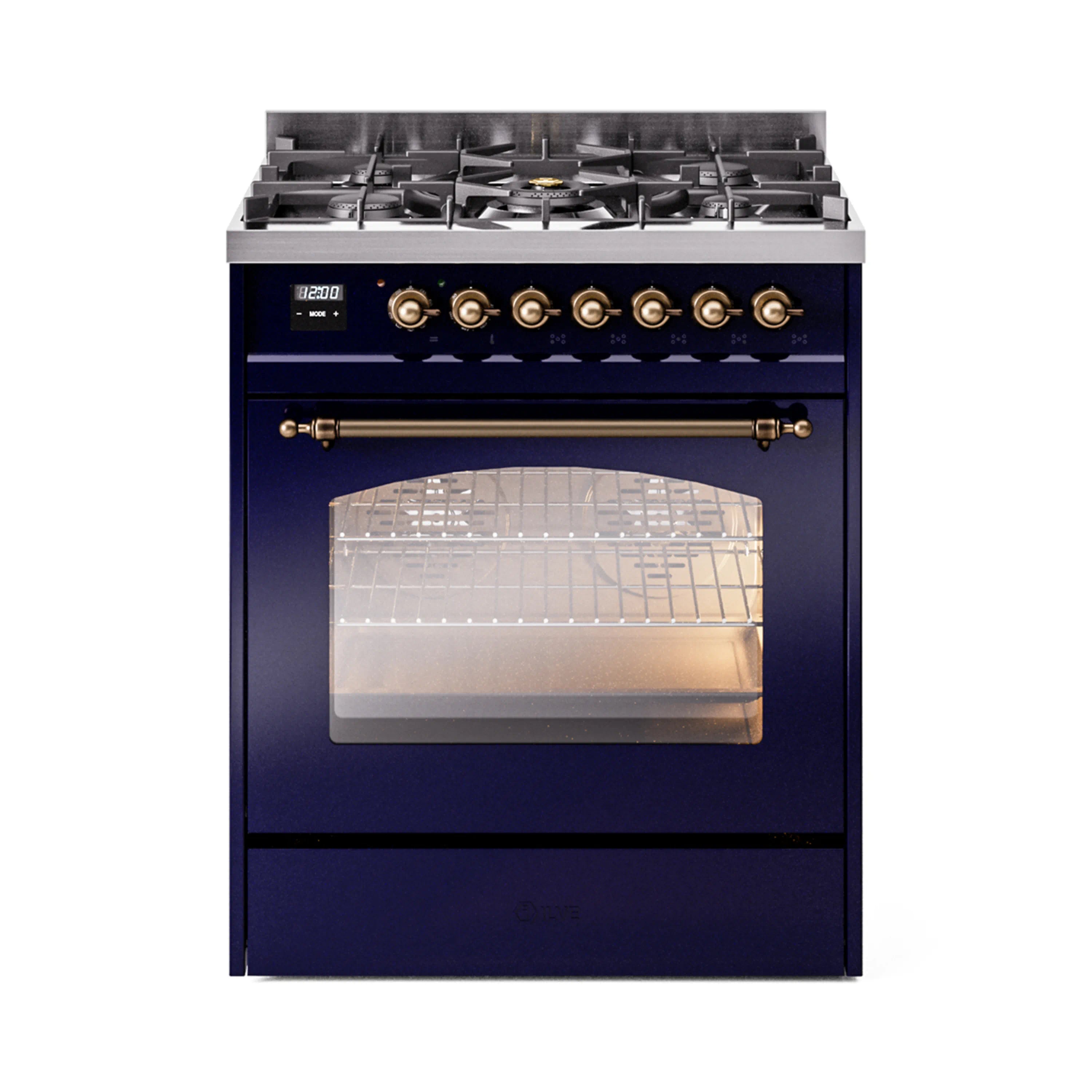 Midnight blue dual fuel range with bronze burner knobs and glass oven door