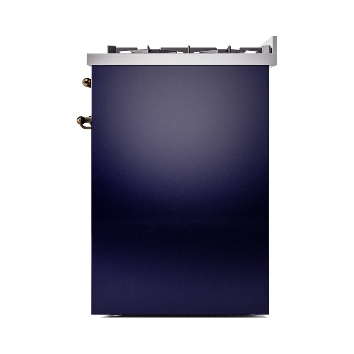 Midnight blue freestanding dual fuel range side view with bronze handles