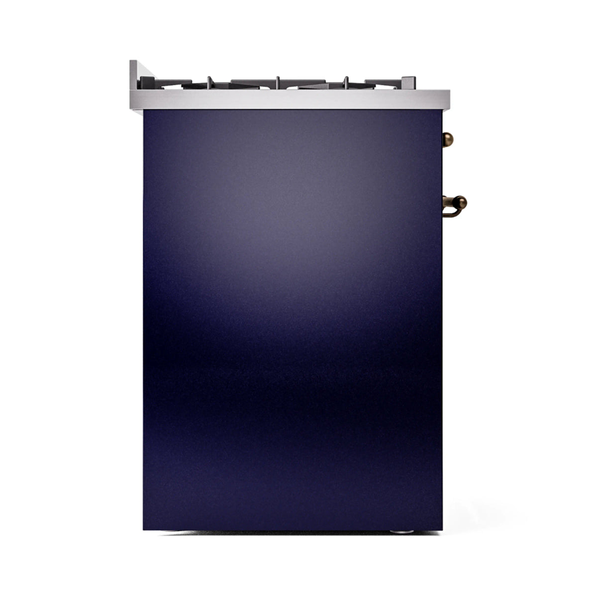 Midnight blue freestanding dual fuel range rear side view with bronze handles and burner grates