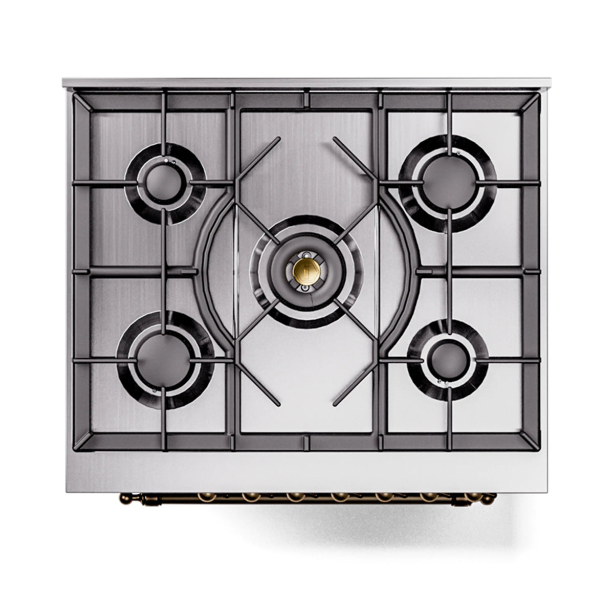 Stainless steel gas cooktop with five burners and black grates on the range top