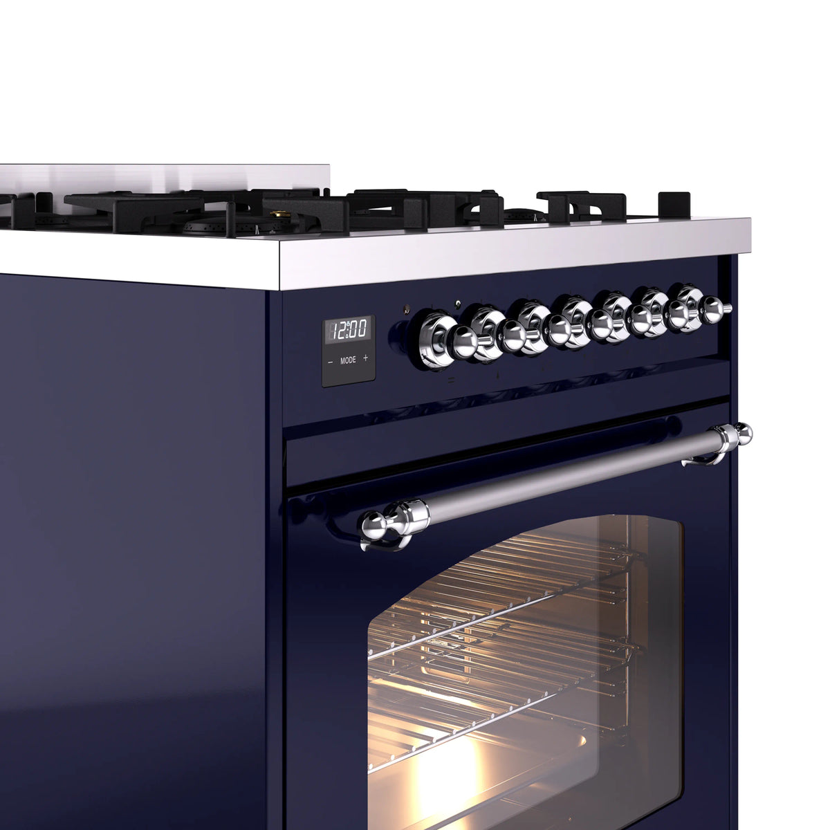 Midnight blue freestanding dual fuel range with chrome control knobs and oven door window