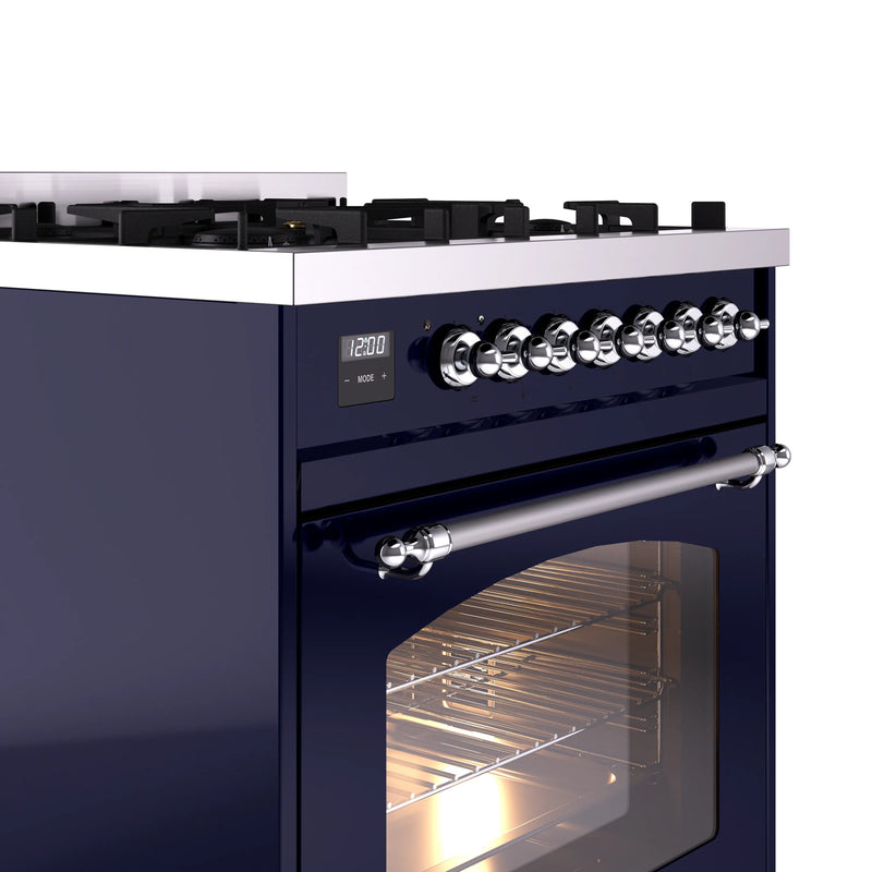 ILVE Nostalgie II 30-Inch Dual Fuel Freestanding Range in Midnight Blue with Chrome Trim (UP30NMPMBC)