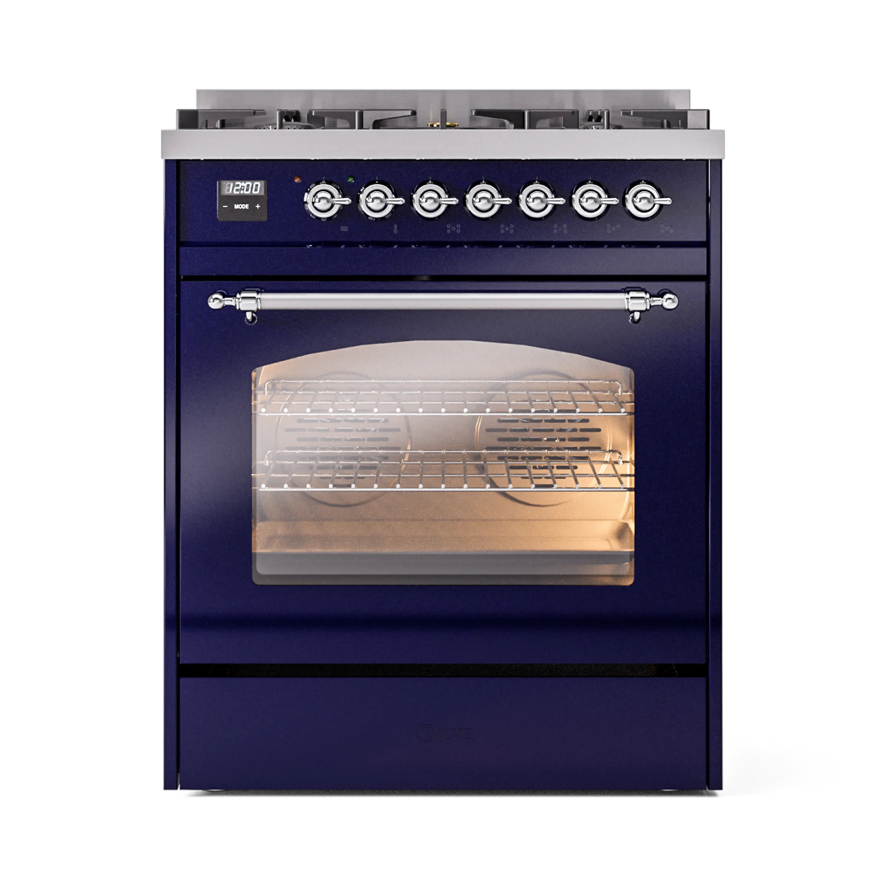 Midnight blue freestanding dual fuel range with closed oven door and chrome control panel