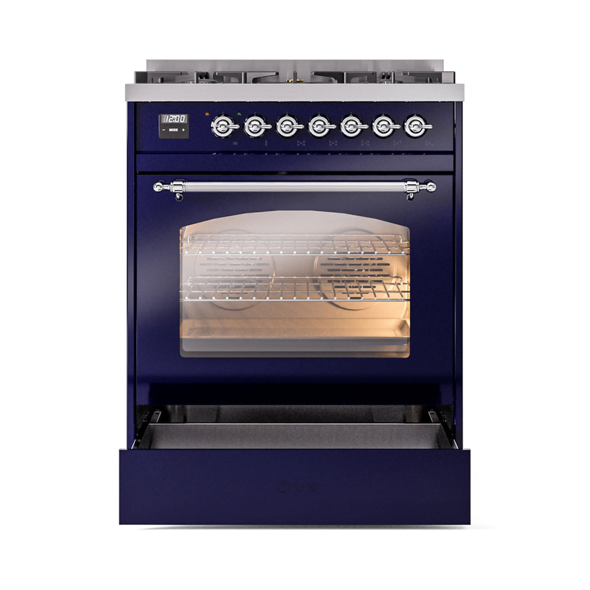 Midnight blue dual fuel range with chrome handle and oven door open showing dark interior