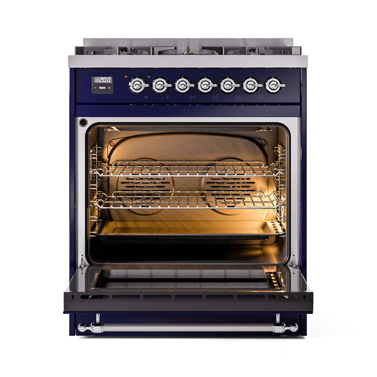 Midnight blue dual fuel range with oven door open, visible racks, and warm interior light