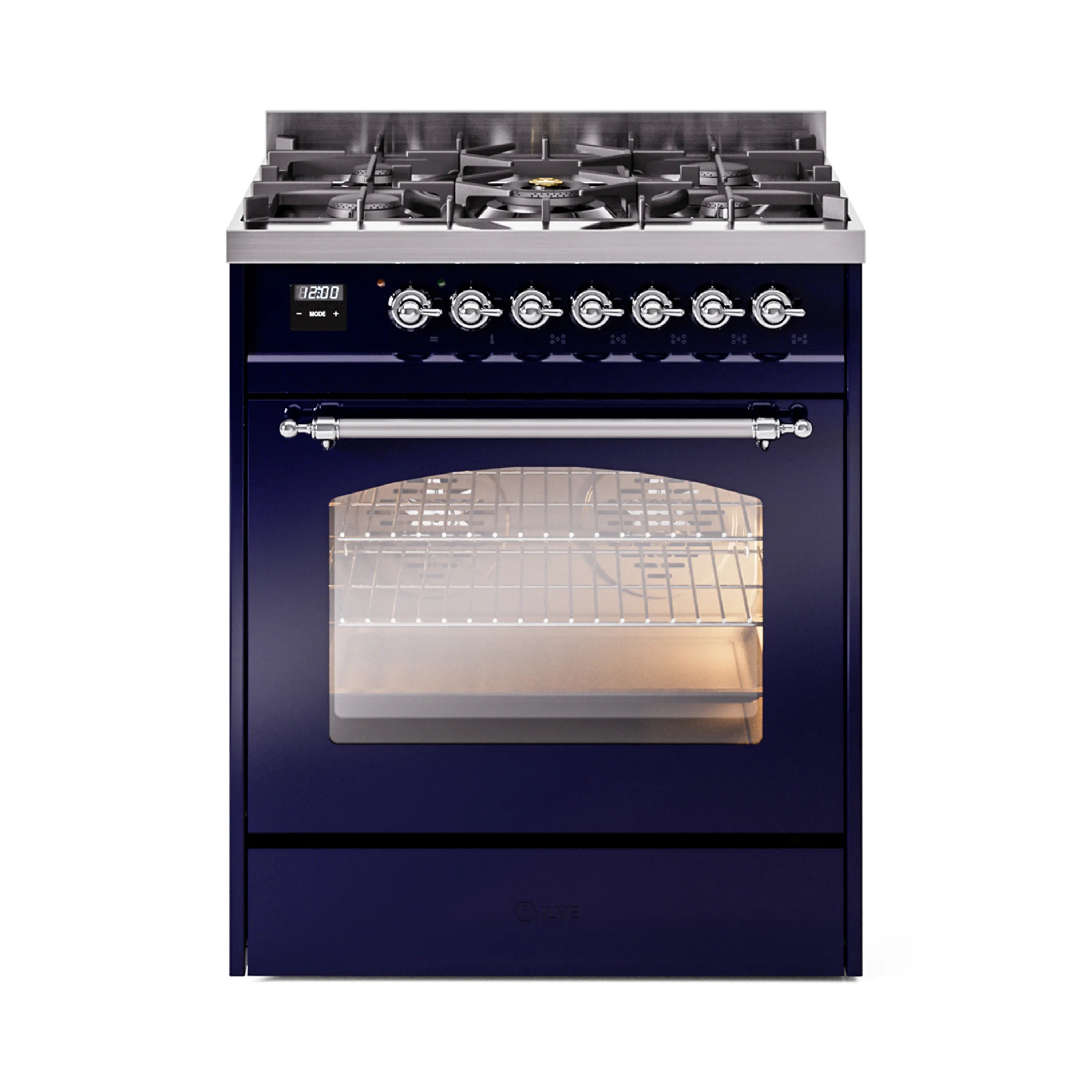 Midnight blue freestanding dual fuel range with lit oven cavity and chrome burner control knobs
