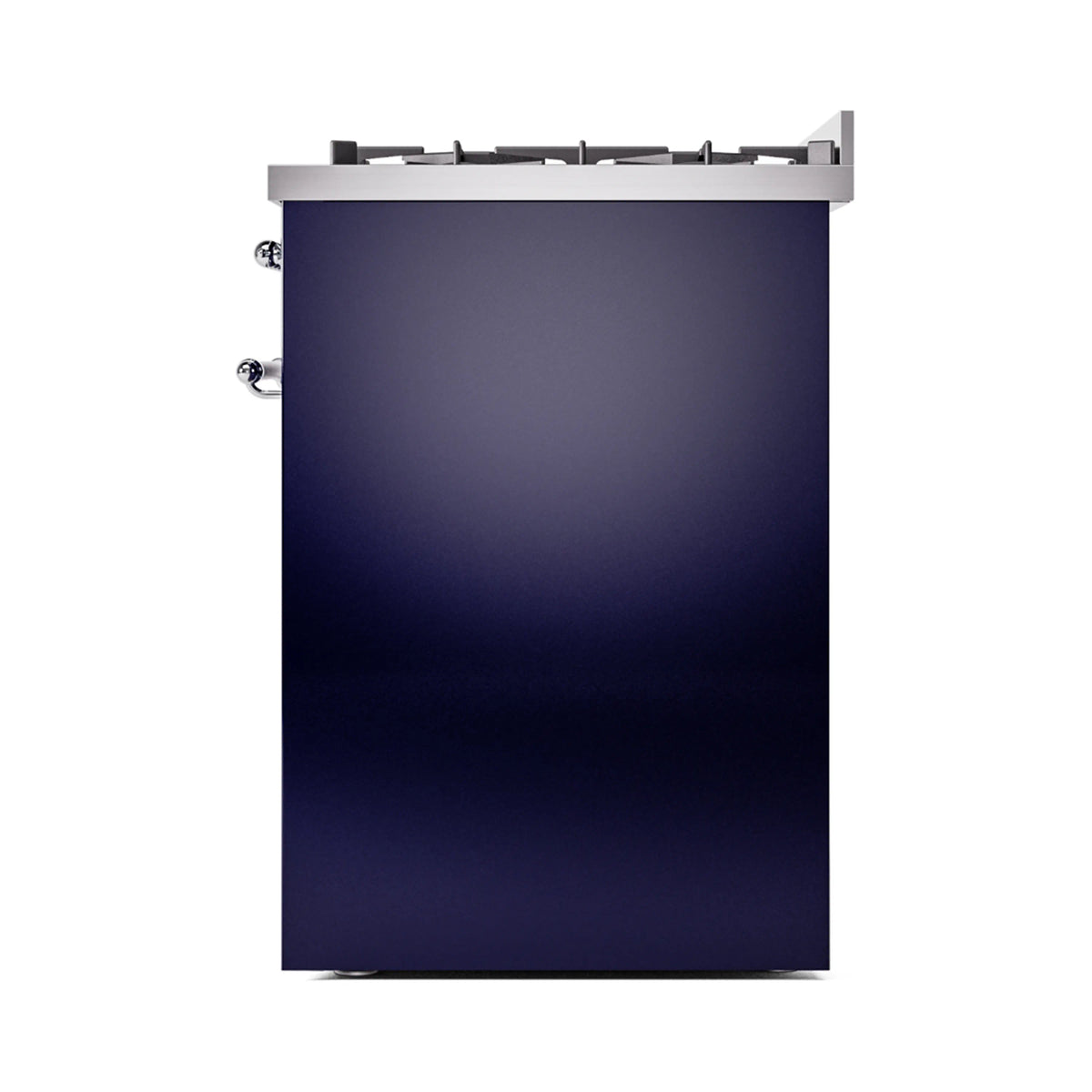 Midnight blue freestanding dual fuel range side view with chrome corner hardware