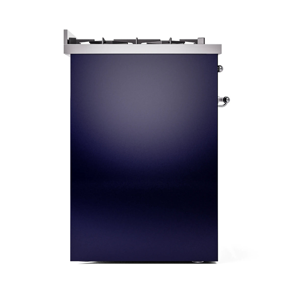 Midnight blue freestanding dual fuel range side panel with chrome handle and controls edge