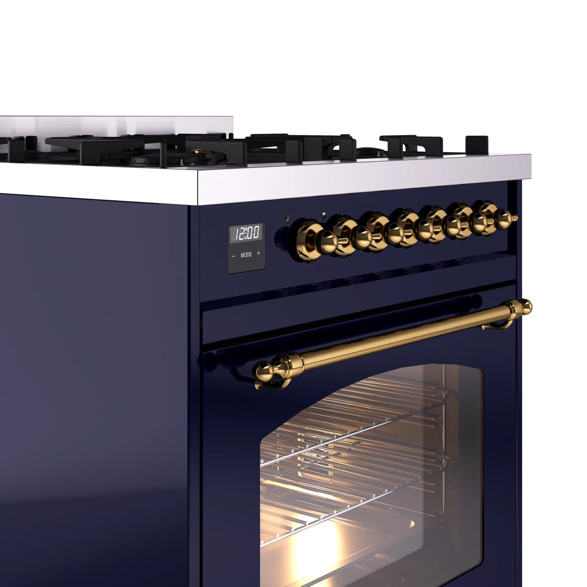 Midnight blue dual fuel range with brass oven handle and glass door window